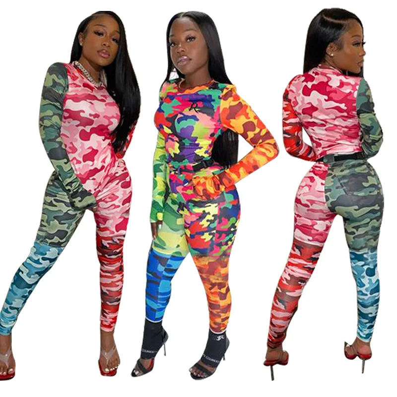Women Camouflage Print Hooded Long Sleeves Casual Long Jumpsuit Outfits 2pcs 