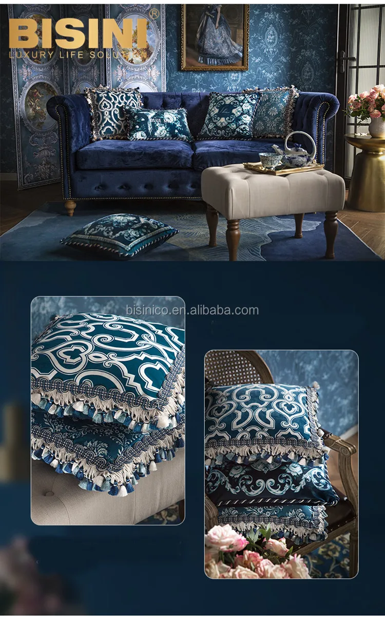 Estilo Francés Rural Serie Silencio Florales Patrón Cojín Azul Niebla