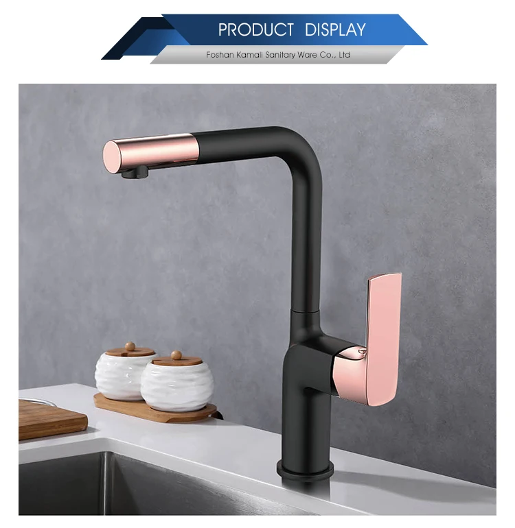 Kamali sanitary ware wras new design modern industrial brass flexible hose black long single handle pull out kitchen sink faucet