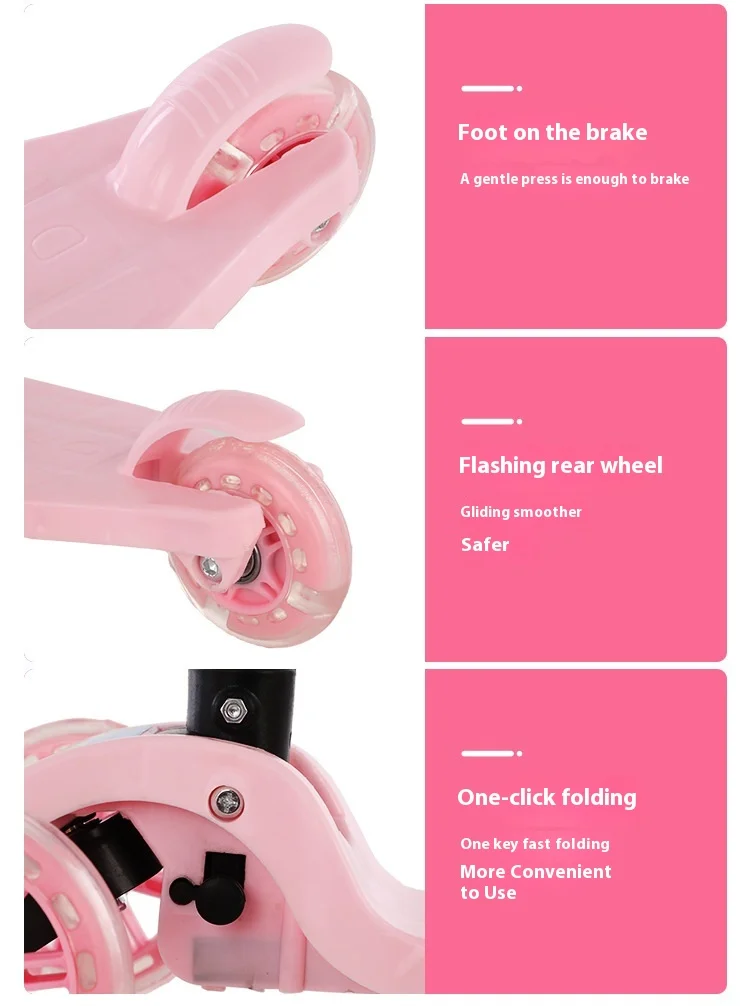 可调高度可乘坐婴儿学步车一键折叠儿童滑板车，适用于1至5岁单板，带三个轮子