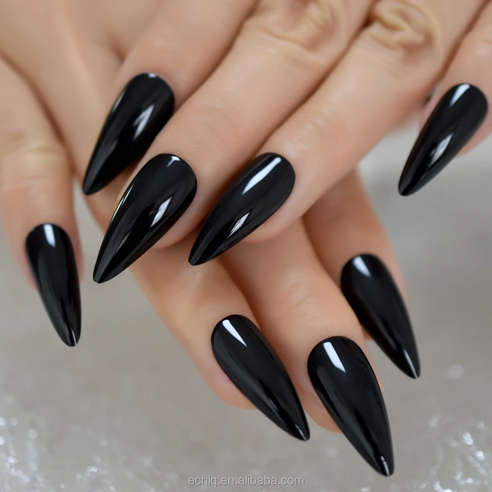 Black Sharp Designed Fake Nail Medium Adult Dark Shiny Artificial Nail Art  Tips Acrylic Full Curved Practice Faux Nails - Buy Nail Tips,Fake Nail,Sharp  Nail Product on Alibaba.com