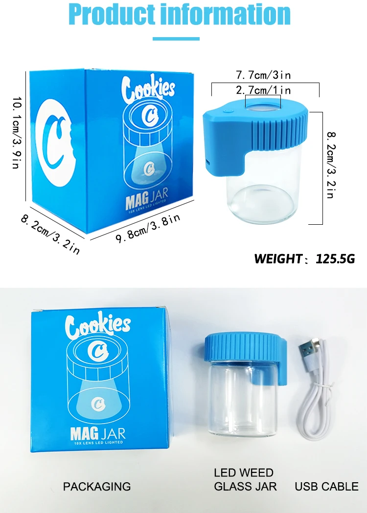 Hempacka Airtight Herb Weed Container Cookies Led Light Magnifying Weed Packaging Glass Jar