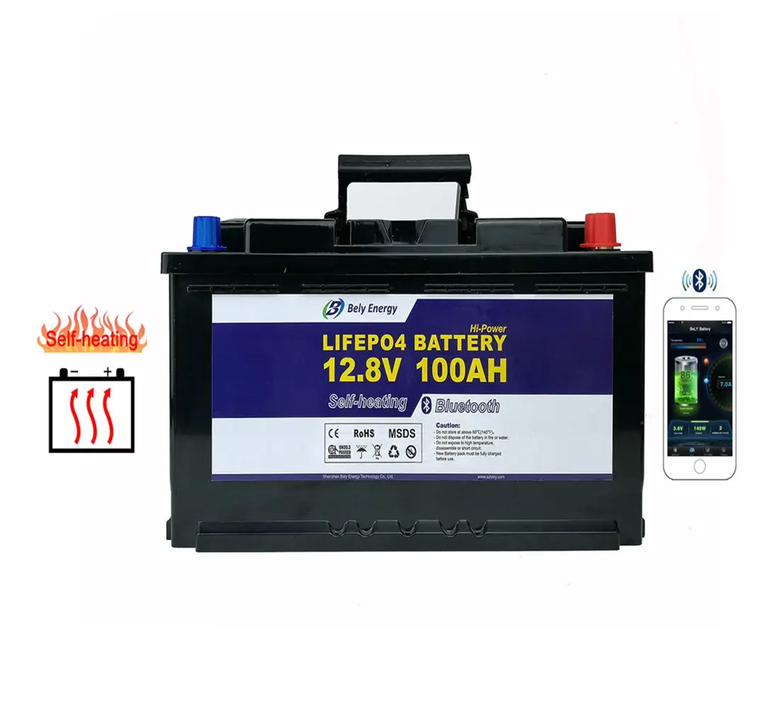 12V LiFePO4 RV battery with visible Bluetooth module and heating pad connections
