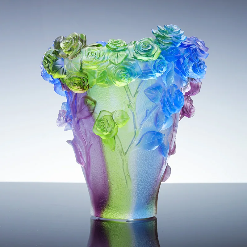 Luxury Antique Murano Crystal Vase High Quality Home Decorations Carved Rose flower Green Blue Color Casting Souvenir Gifts factory