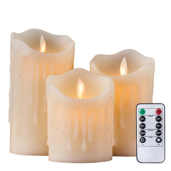 3x AAA Batteries Operated windproof led Pillar Shape Paraffin  Wax flame moving candles with Timer Remote Control