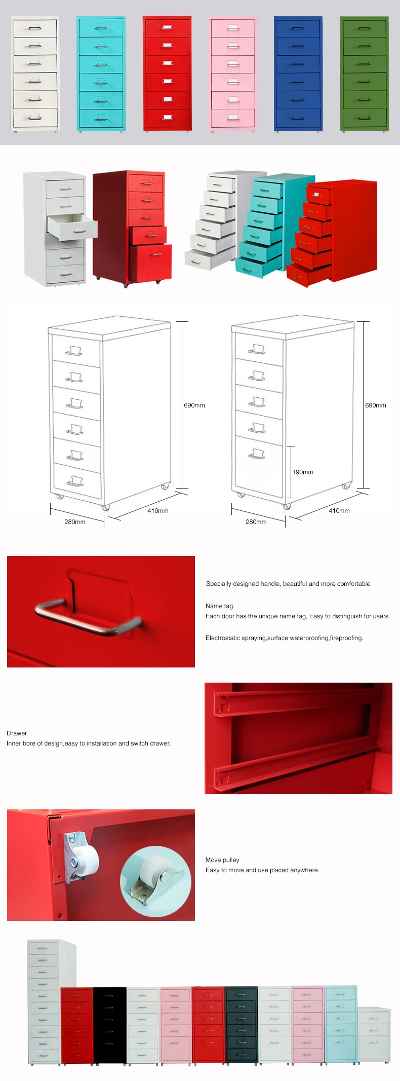 Modern furniture metal  file drawer cabinet with 6 drawers