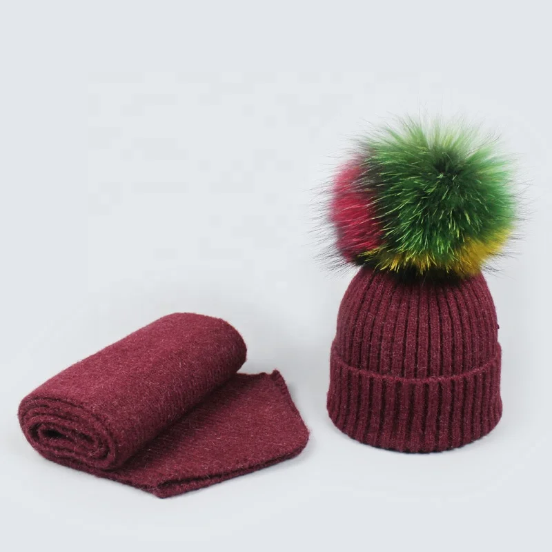 
Popular Superior Quality Fur Pom Pom Hats Knitted Womens Winter Hat And Scarf Set 