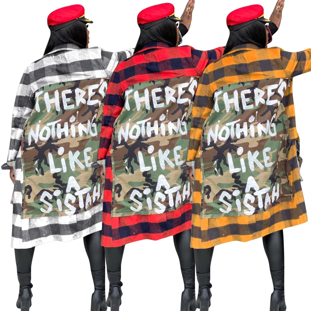 Women Long Coat Plaid Grid Printed Winter Autumn Fall Cardigan Long Letters Camo Print Floral Maxi Jacket for Ladies