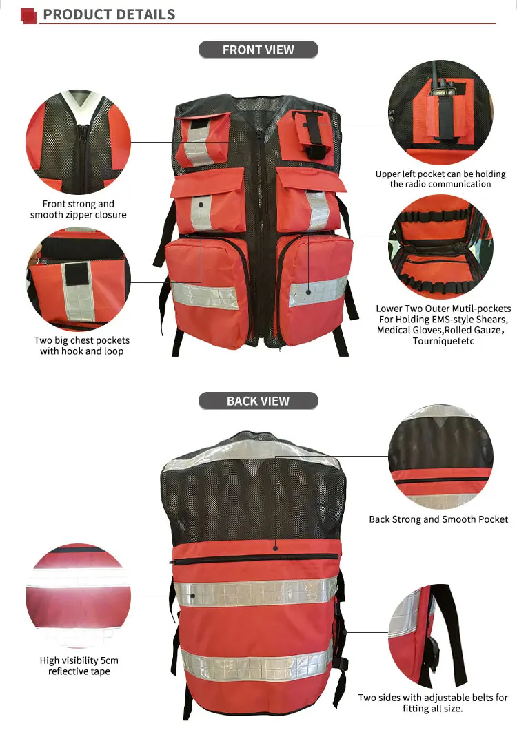 Red First Aid Ems Response Hi Visibility Paramedic Ambulance Rescue Mesh Reflective Safety Vest