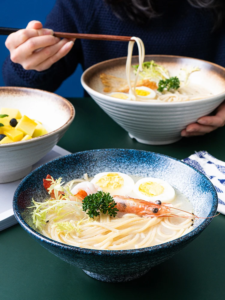 Ins Style Instant Noodle Ceramic Japanese Ramen Bowl Ceramic Bowl Tableware Set Bamboo Hat Household Soup Bowl details