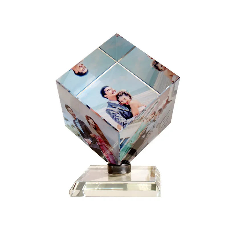 Custom Picture Rotating Crystal Cube Photo Frame With Base For