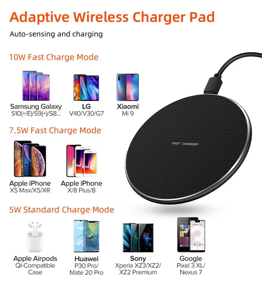 2020 latest 10W ultra thin metal Qi wireless fast charger portable wireless charging mat pad with led display light for iphone