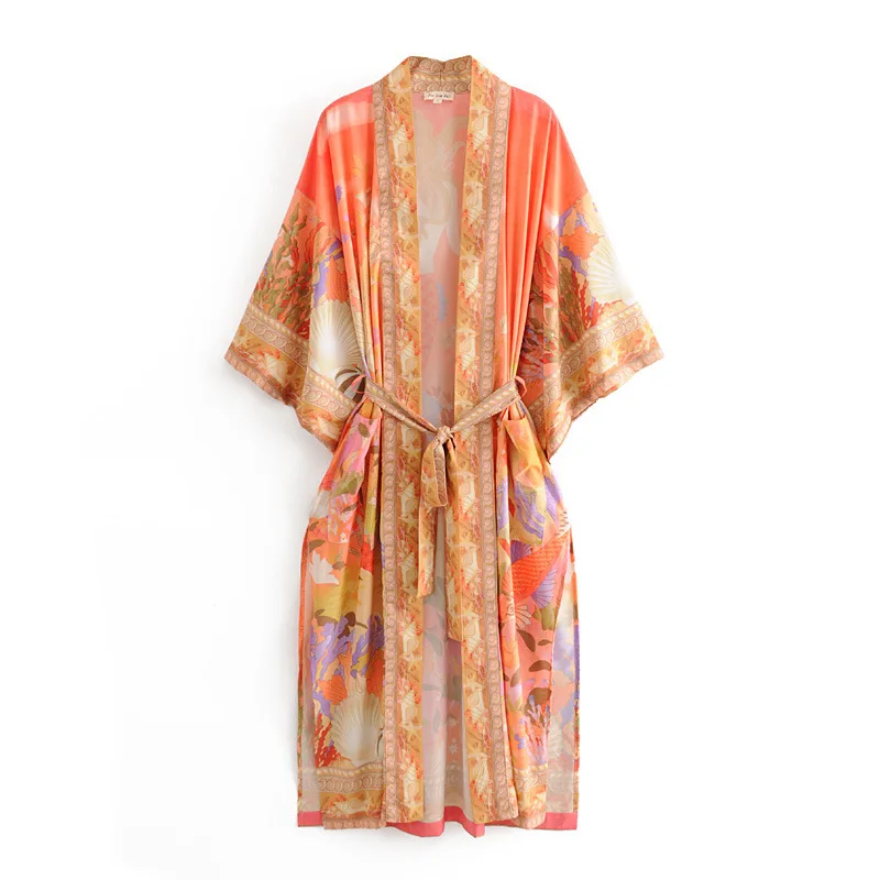 Wt616 Women's Retro Print Orange Color Sashes Slim Wais Kimono Robe ...