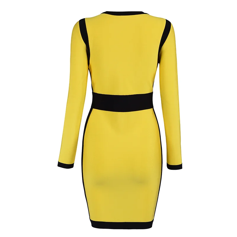 Yellow Long Sleeve V-Neck Rayon Spandex Bandage Dress Mini Patchwork Bodycon Dresses