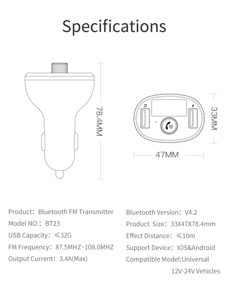 BT23 Car Bluetooth MP3 Player with 2 usb port QC3.0 quick car charger handfree calling FM Transmitter