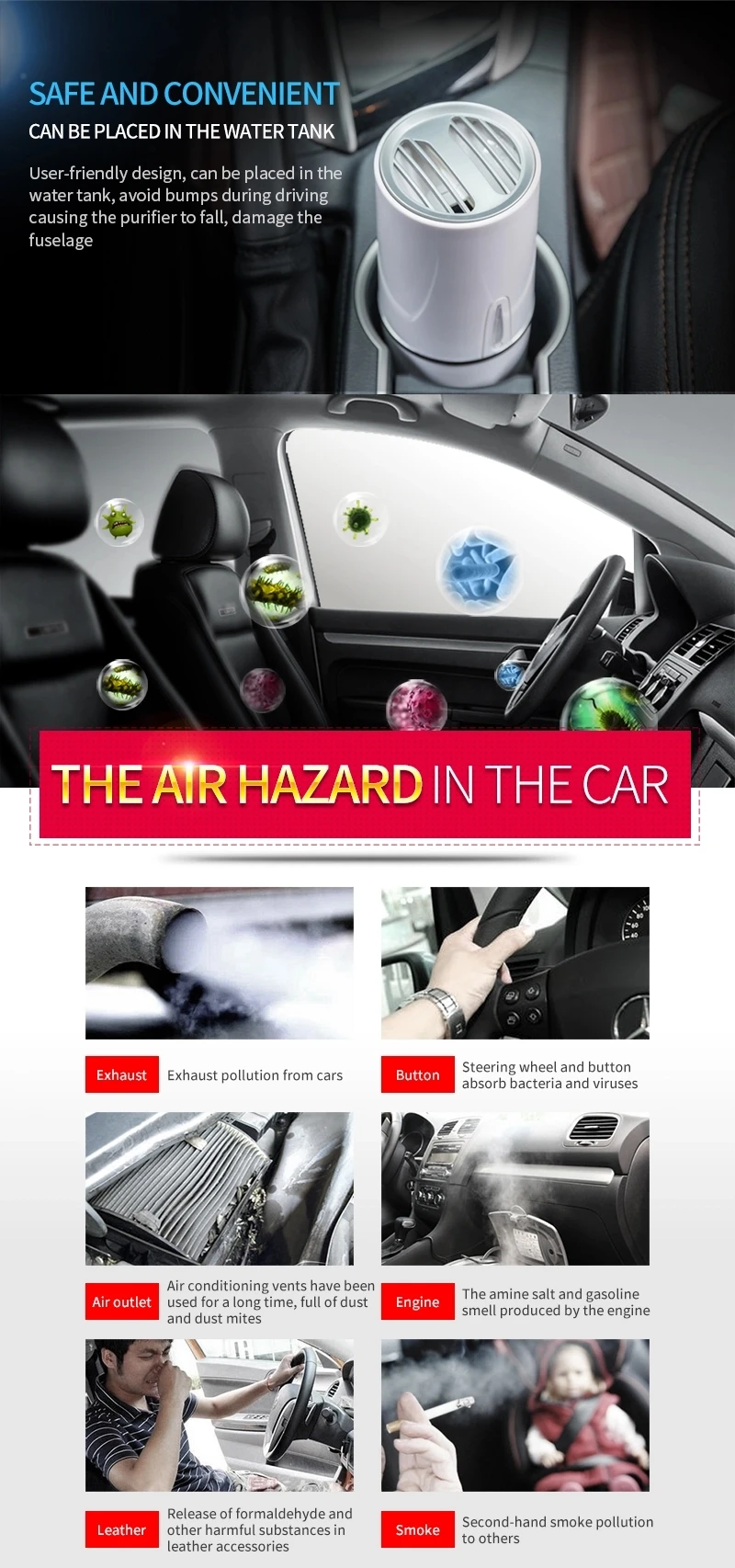 2020 Cup Shape Car Air Purifier 12V Activated Carbon Positive and Negative Ion Cigarette Lighter Mini Vehicle Air Purifier