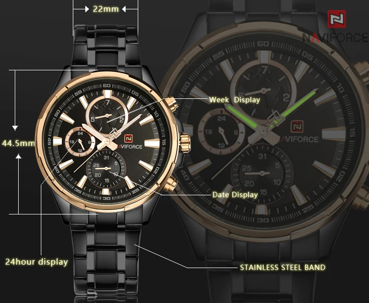 NAVIFORCE NF9089 cheap custom brand gents quartz watch stylish steel Strap water resist Calendar week display 24 hour watch set