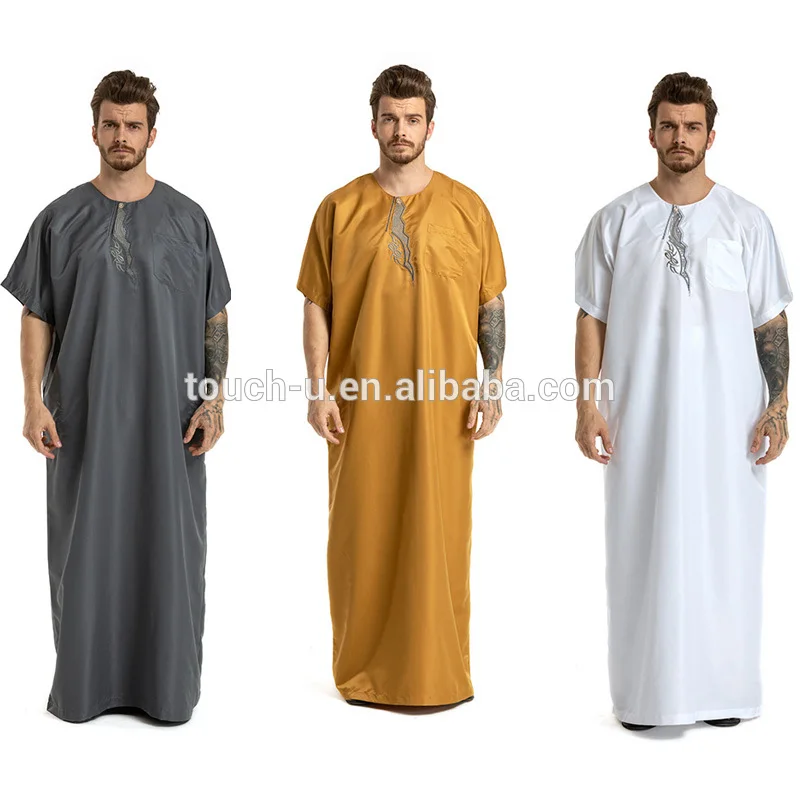 Men  Kaftan Jilbab Arbric Jubba Muslin Short Sleeves Clothes Abaya Thobe