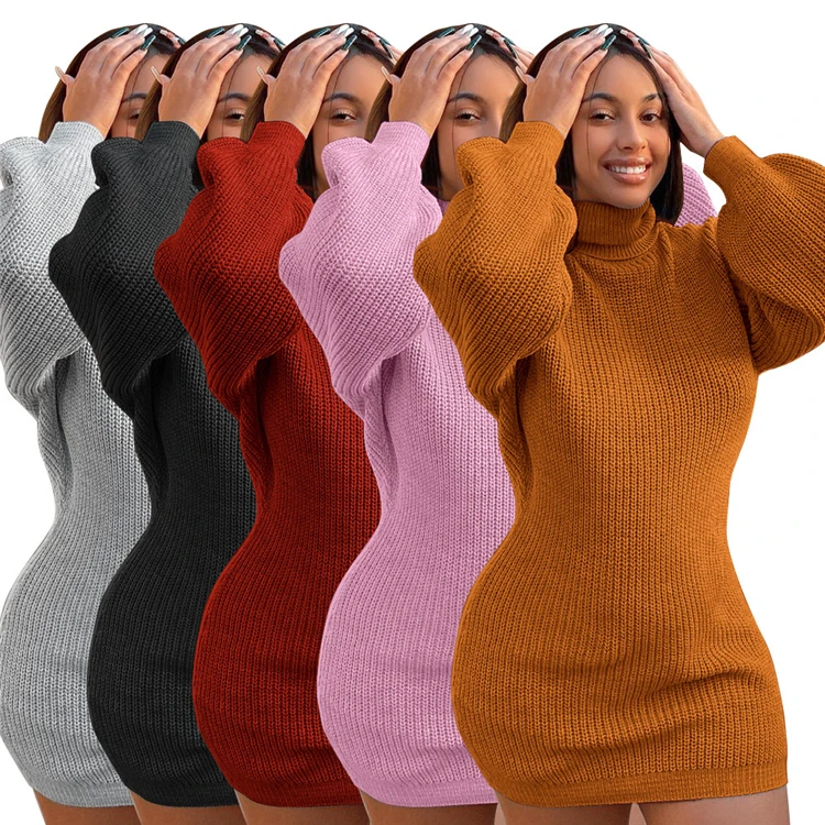 Hot Onsale Turtleneck Fashion Autumn Winter Clothing Female Clothes 2021 Woman Casual Womens Sweater Dress