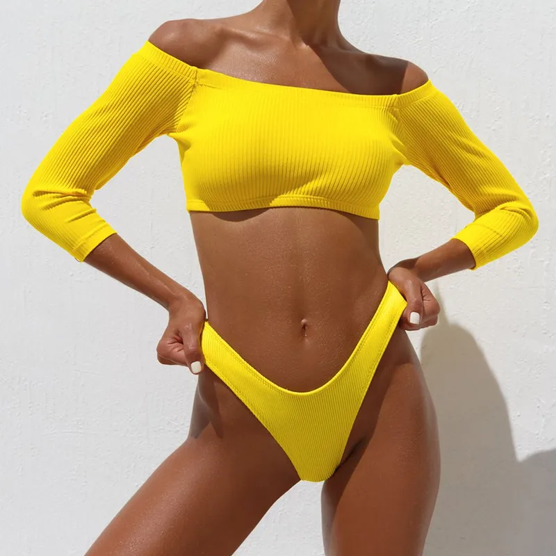 Summer Swim Wear Sexy Thong Bottom Bikini Plain Red Long Sleeve Swimsuit Women