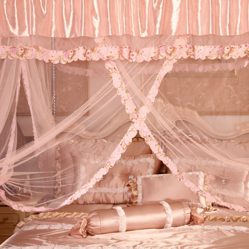 Pastoral European Three Doors Palace Pink Indoor Outdoor Decoration Bed Anti Mosquito Net