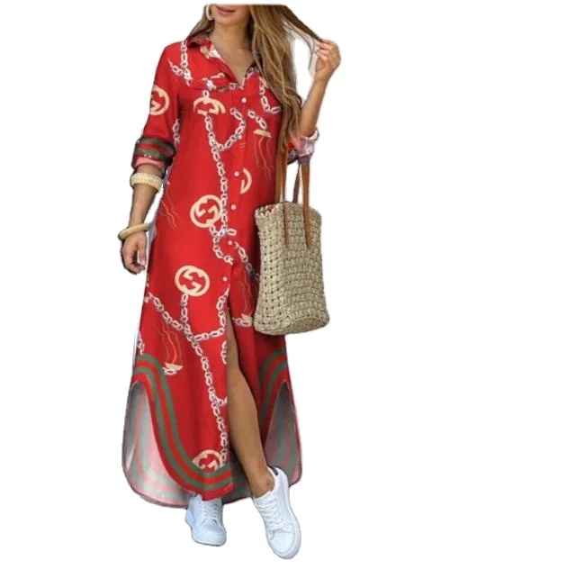 

2021 European and American women's new fashion long sleeve printed shirt dress dresses women casual, Customized color