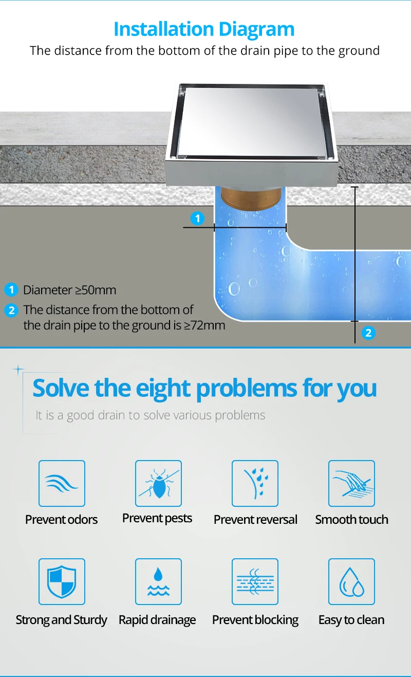 4 Inch Anti Cockroach Trap Bathroom Square Shower Quadrate Floor Drain