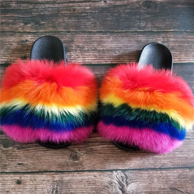 big fox fur slippers