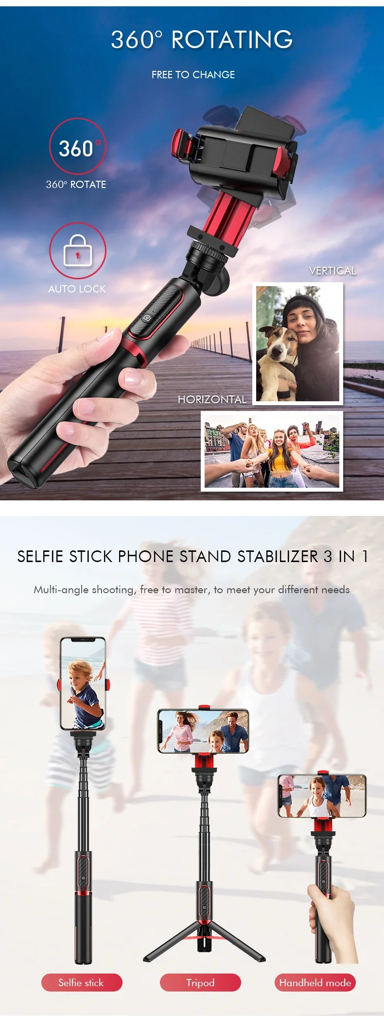 2020 Amazon Hot Selling 360 Rotating Tripod Stand Extendable Phone Selfie Handheld Gimbal Stabilizer