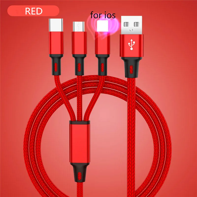 Free Sample durable quality 3A type c fast charging speed multi 3 in 1 usb charger cable for Iphone android cell phone