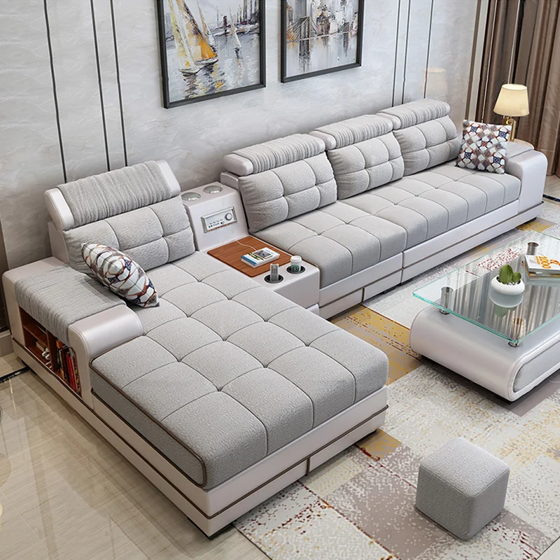 L Shape Sofa Sectional Luxury Usb Charging Audio White Living Room ...