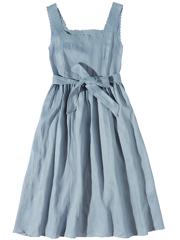 热卖亚麻棉面料连衣裙女士夏季无袖蝴蝶结腰带裙背心休闲优雅亚麻