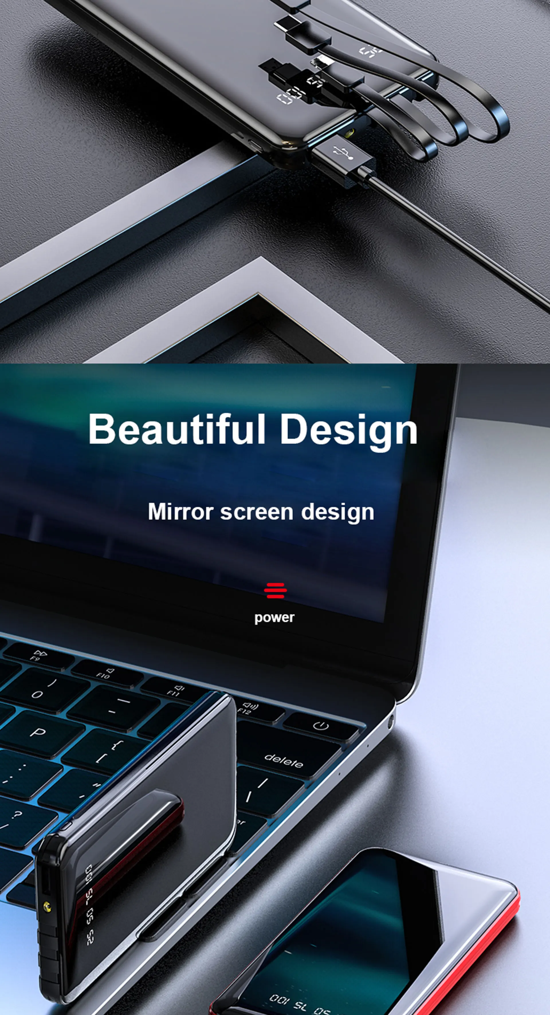 New Custom Full Mirror Screen Power Bank 10000mah LED Display, Fast Charging Power Banks, Sharing Type c powerbank with cable - ANKUX.COM
