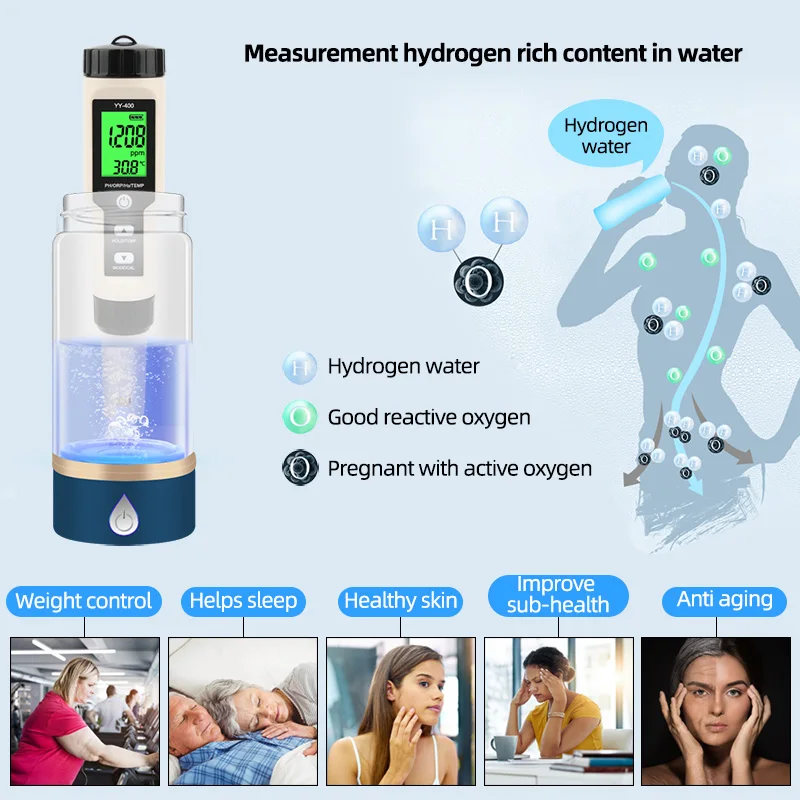 Máy Kiểm Tra Nồng Độ Ion Hydro Kỹ Thuật Số Máy Đo Nước 4 Trong 1 H2 0-2400ppb Cho Bể Cá, Bể Bơi, Nước Uống