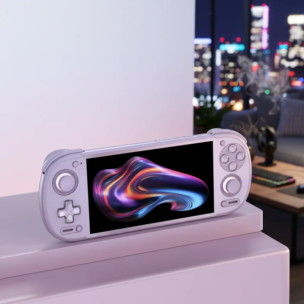 Foldable handheld controller prototype with dual OLED panels and magnetic hinge