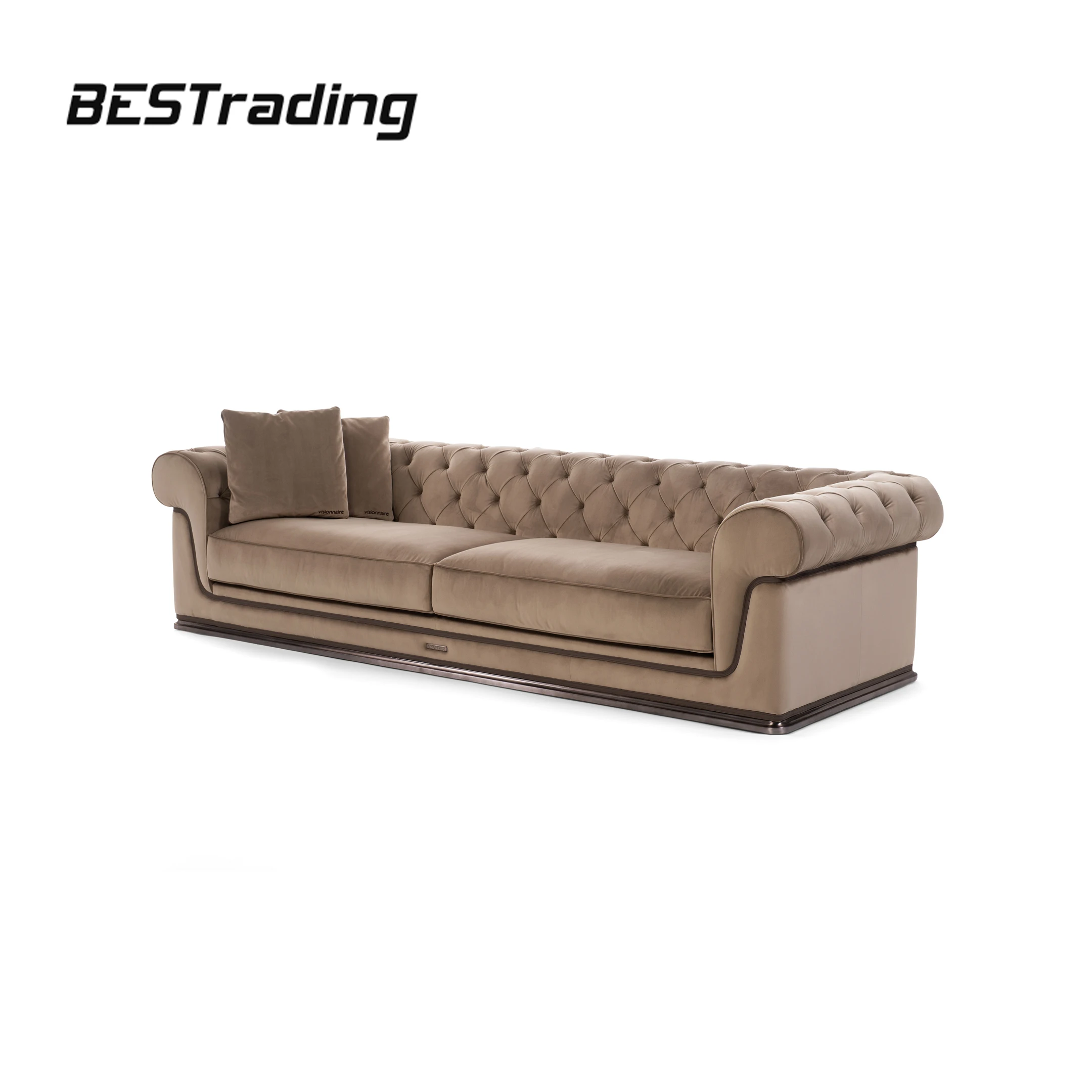 Modern Luxury Vintage Tan Leather/fabric Back Chesterfield Living Room