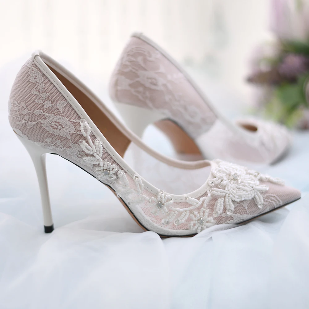 youlapan a04美丽的白色蕾丝新娘鞋,纱布刺绣高跟鞋婚礼配件