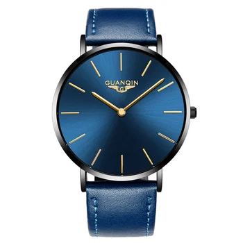 Blue Leather Strap Luxury Ultra-thin Watch Men Stainless Steel Case Men ...