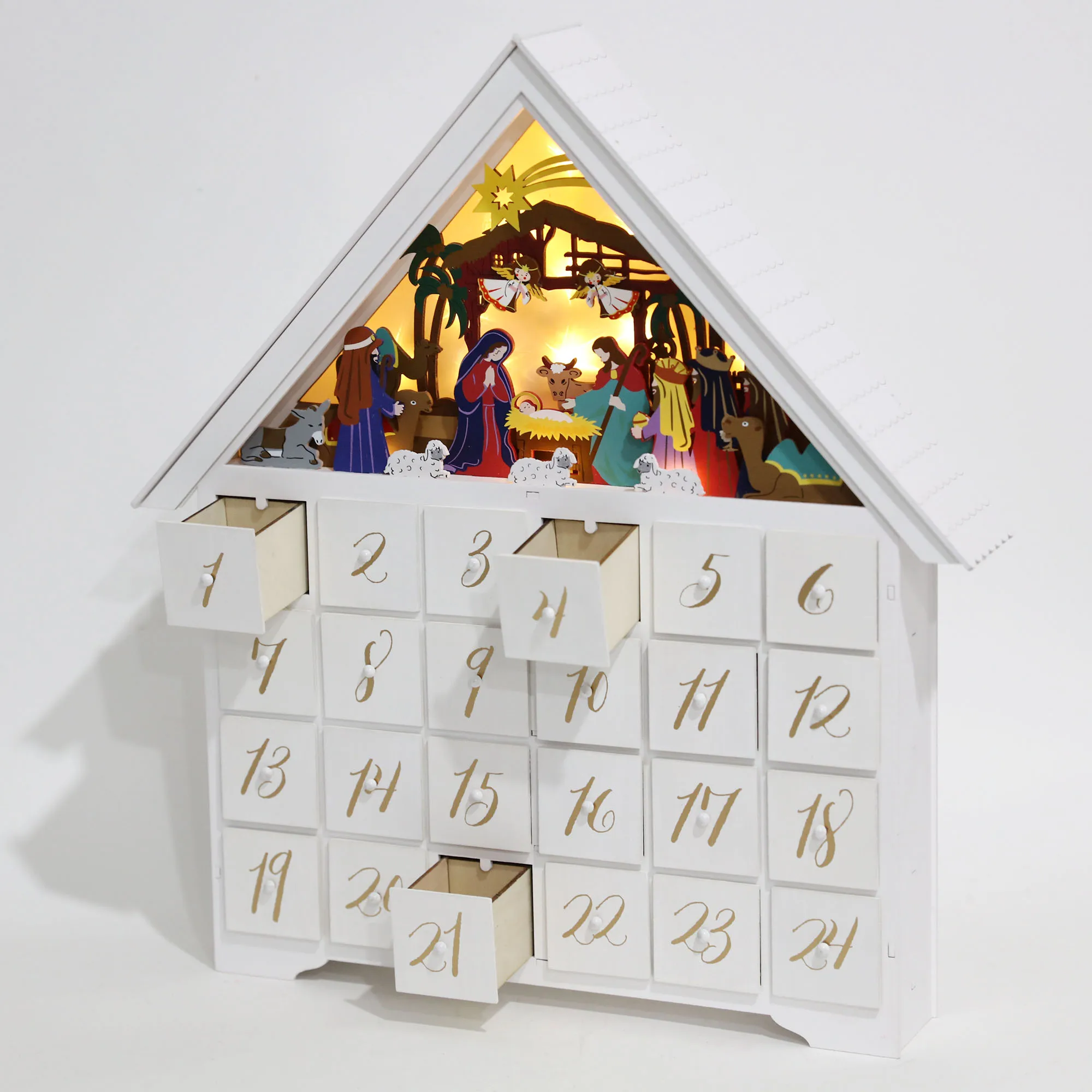 Christmas Wooden Advent Calendar Nativity Scene Large House With 24 ...