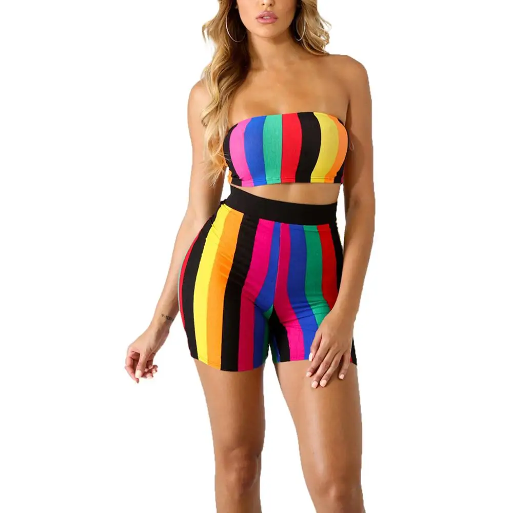 Two Piece Stripes Shorts Bodycon Rompers Women Jumpsuits