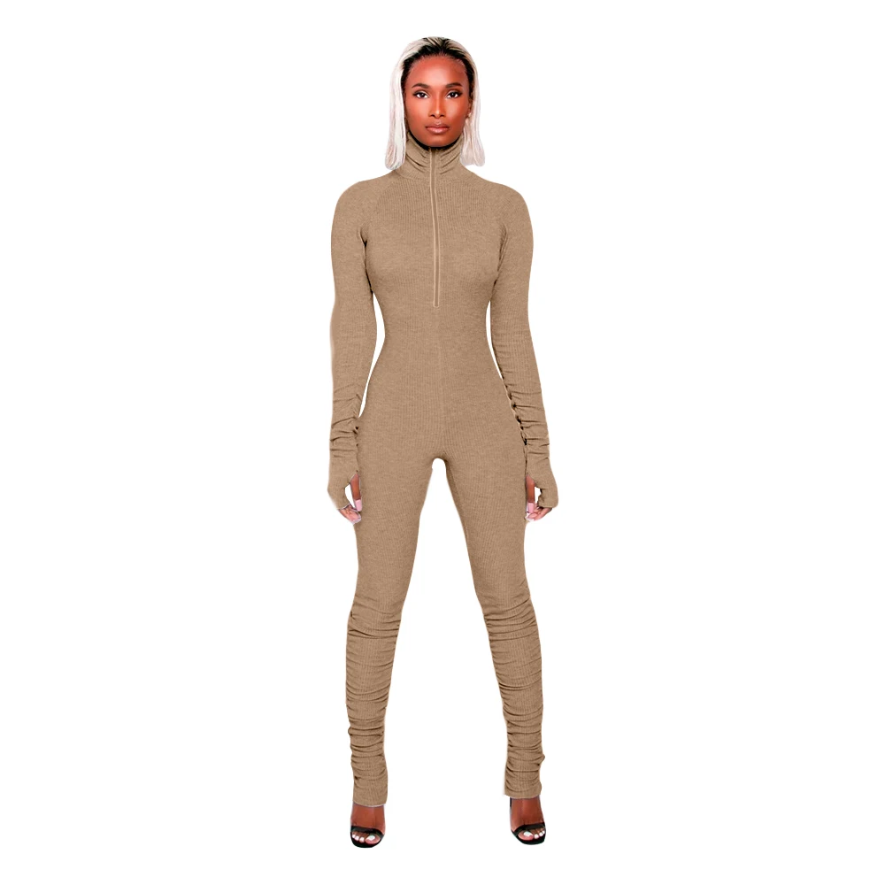 
8358 Hot sales long sleeves women tight zipper casual jumpsuits and rompers cotton Ribbed material classy women jumper 
