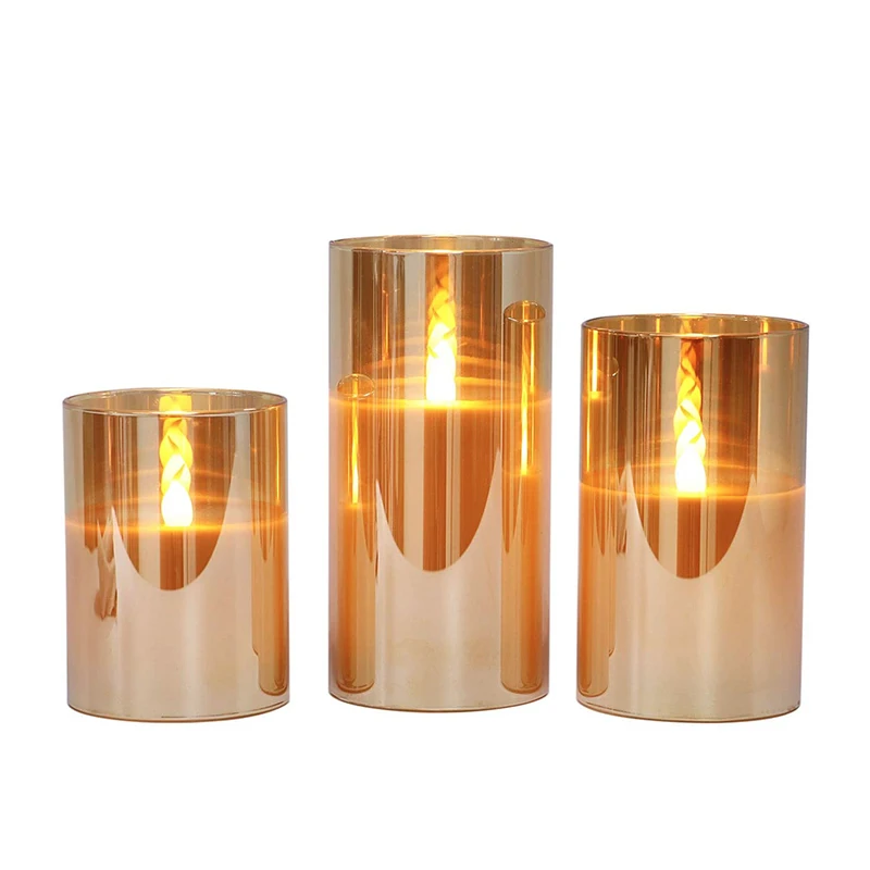 Transparent Gold Glass Pillar Shape Flickering Led Flameless Lights Candles