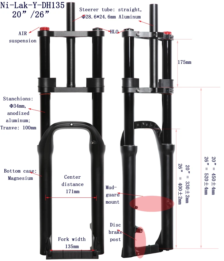 Dual Crowns Fat Bike Suspension Fork 135mm Fit For 4.0" Tire Bike Air