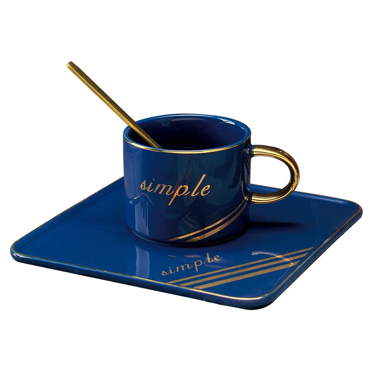 European style matte glaze golden rim luxury ceramic mug latte coffee porcelain cups with square saucer .jpg
