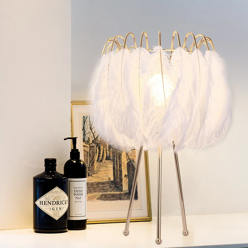 Hot selling  white feather  living room lighting  led desk light reading lampara de mesa bedside table lamp