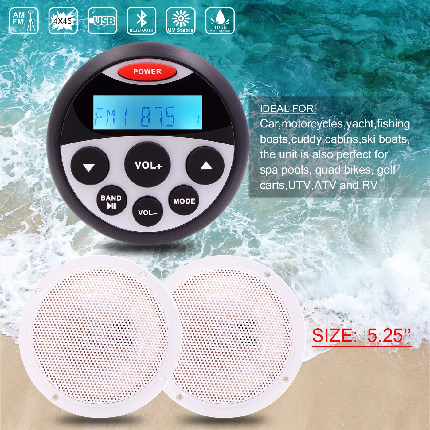 Waterproof Marine Stereo Bluetooth Audio Fm Am Radio Receiver Mp3 Player 525 Marine Speakers 2831