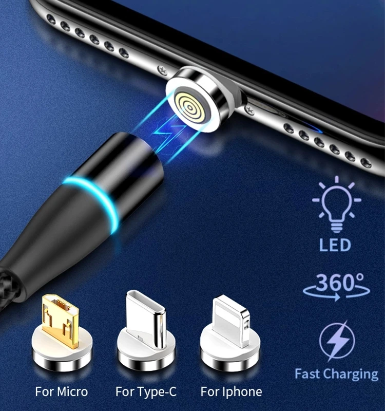 Hot selling 2A Nylon braided 360 Rotation LED Magnetic Usb Charger Cable For ios Micro USB Type C - ANKUX.COM