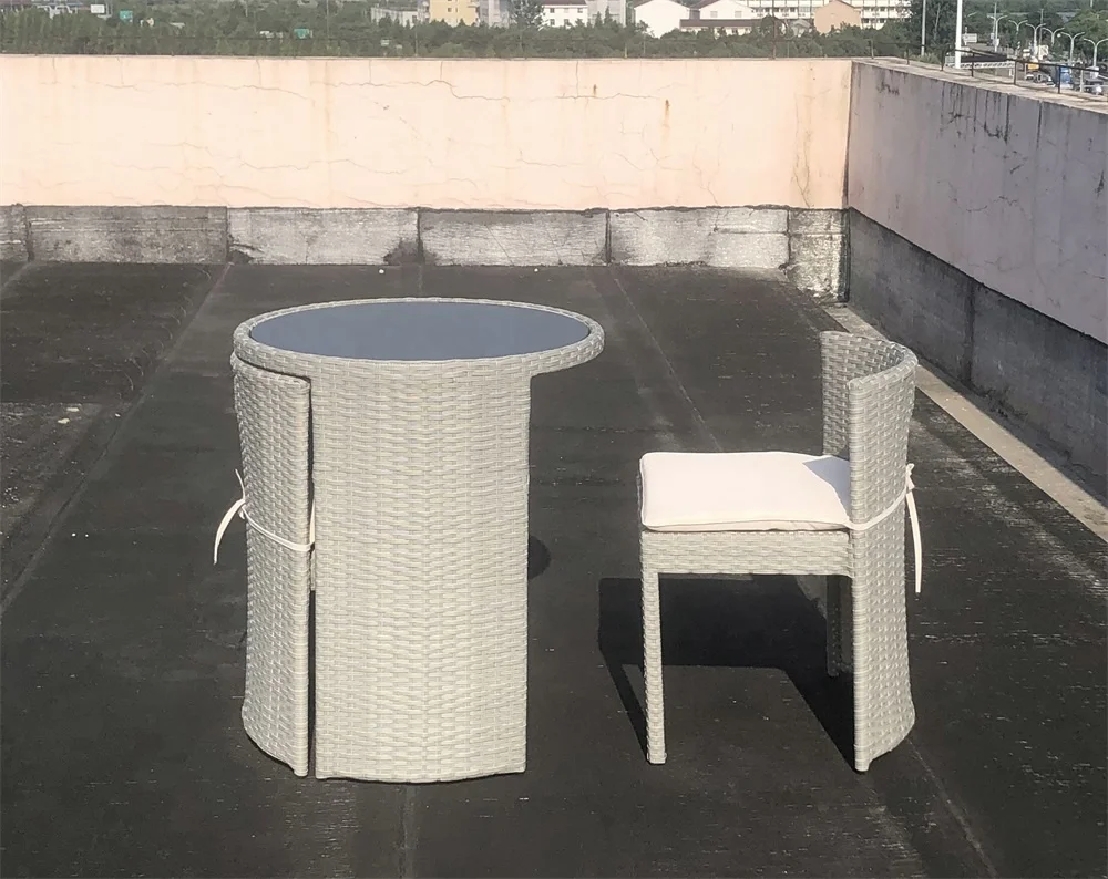 Round Small Grey Compact Poly Rattan Ratan Outdoor Bistro Table Set