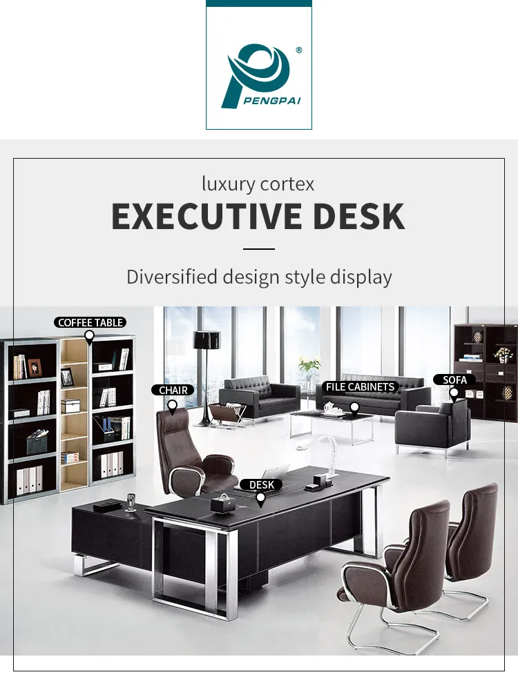 Pengpai Professional Executive Leather Table Set Office Work Desk With Drawers