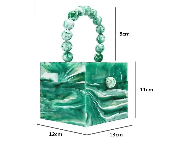 Ladies Gifts Beaded Handle Marble Tortoise Shell and Jade Pattern Acrylic Cubic Box Evening Party Purse Mini Handbag Clutch Bag